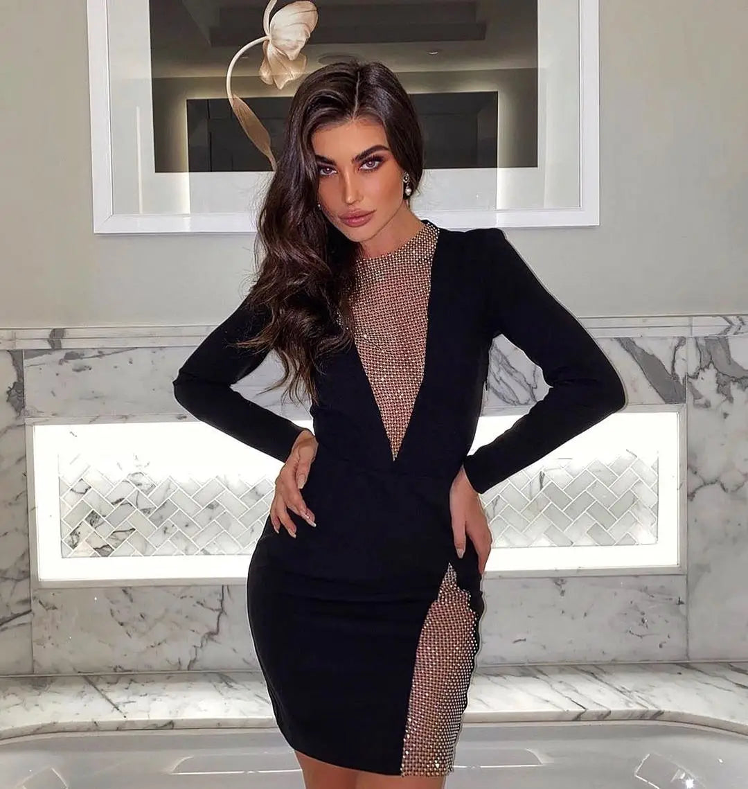 New Winter Women Black Beading Long Sleeve Rayon Bandage Sexy Hollow Out Mini Club Celebrity Runway Party Dress