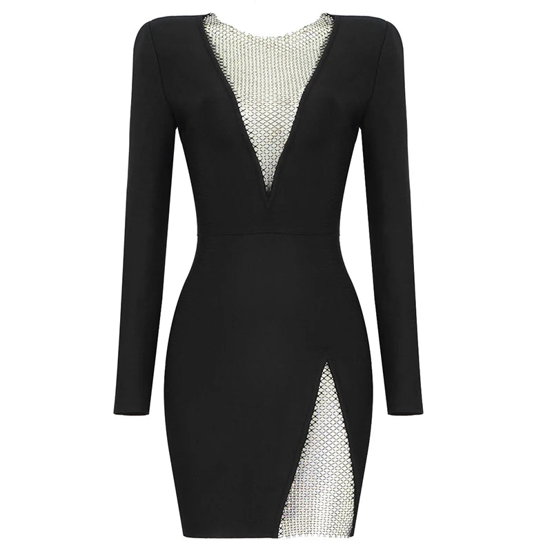 New Winter Women Black Beading Long Sleeve Rayon Bandage Sexy Hollow Out Mini Club Celebrity Runway Party Dress