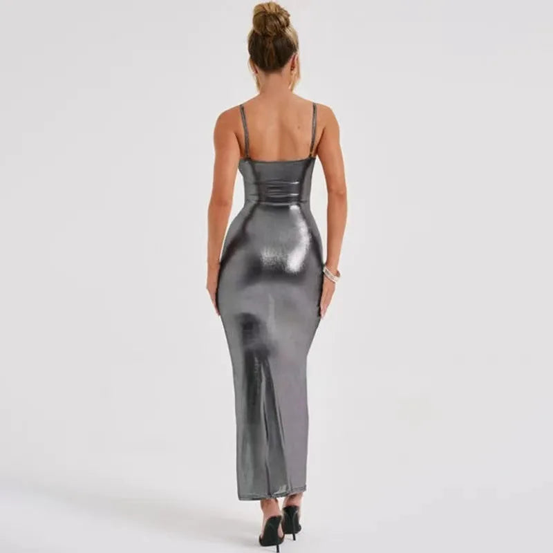 Abrini Women Solid Bodycon Dress Metallic Sleeveless Spaghetti Strap Maxi Dress Backless Evening Party Dress Sexy Vestidos