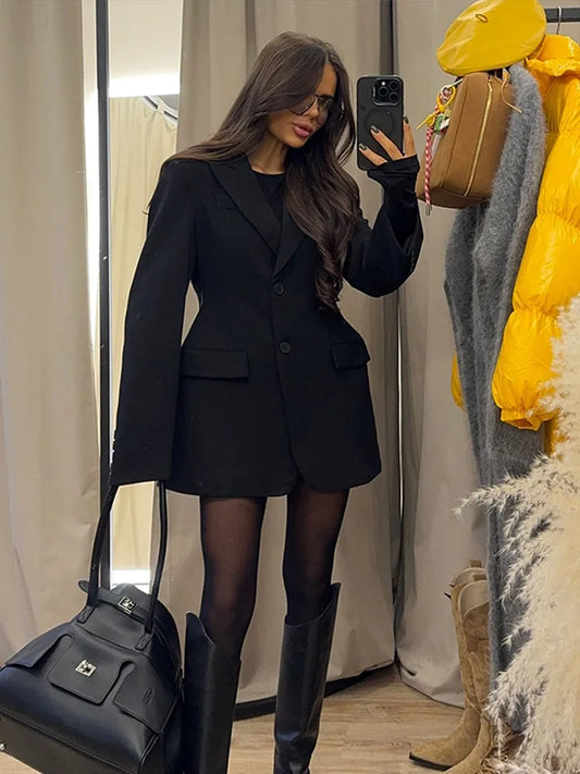 Women Elegant Black High Waist Long Sleeves Coat Fashion Lapel Single Breasted Flap Pockets Jacket Female Commute Street Outwear