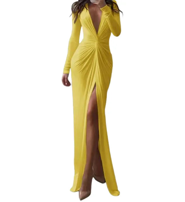 Elegant and Pretty Women's Dress 2025 V-Neck Long Sleeve Solid Slim Pleated Dress Pleated Slit Long Sleeve Date Party Dress