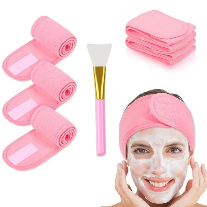 3pcs Adjustable Facial Headband with 1pc Mask Brush Yoga Spa Bath Shower Makeup Wash Face Cosmetic Head Band Make Up Accessories