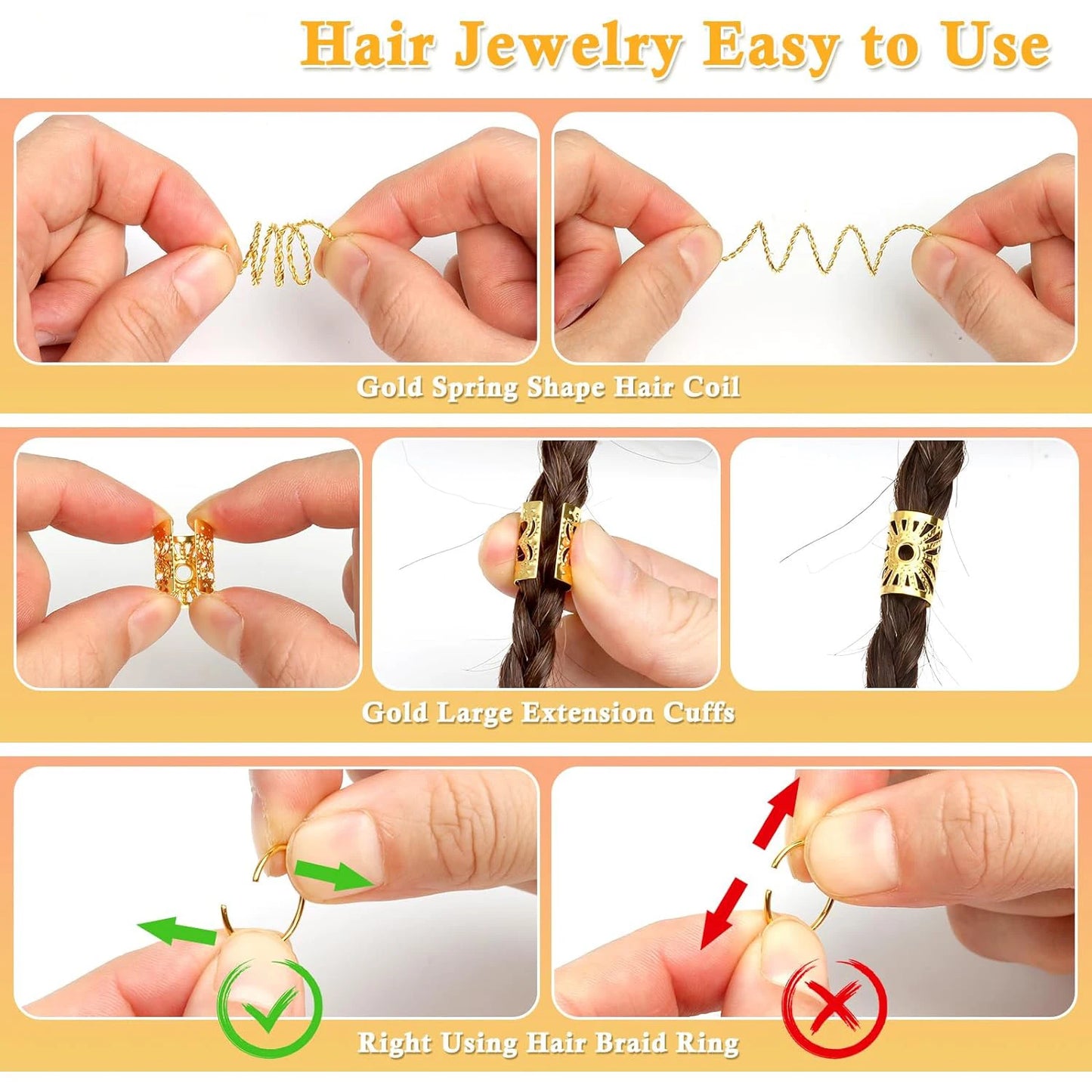 50Pcs/Pack Metal Golden/Silver Dread Hair Cuffs 10mm Big Hole Adjustable Hair Clips Micro Hair Beads Rings for Women