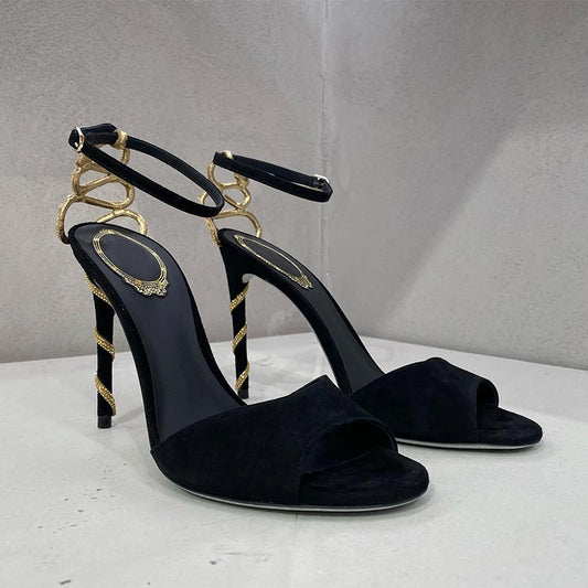 Serpentine Entwined Black Stiletto Heels Summer 2025 New Sexy One Line with Open Toe Round Toe Sandals Women