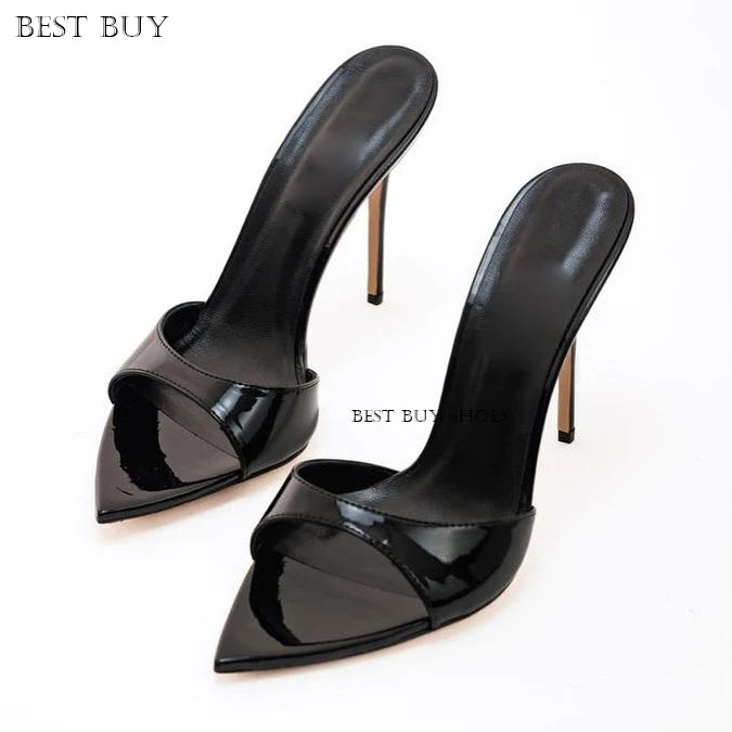 2025 Designer Summer Sandals Stilettos Sexy Woman 12cm Pointed peep Toe Thin High Heels Slippers OL Vacation Ladies Dress Shoes