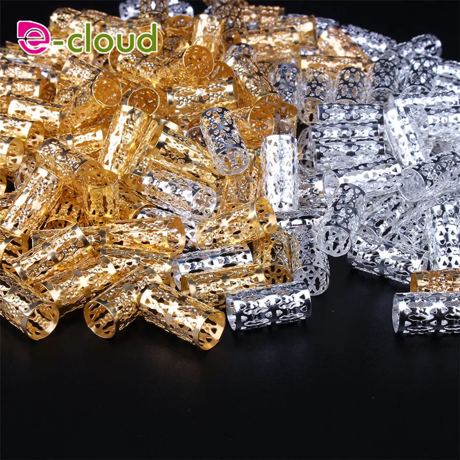 50Pcs/Pack Metal Golden/Silver Dread Hair Cuffs 10mm Big Hole Adjustable Hair Clips Micro Hair Beads Rings for Women