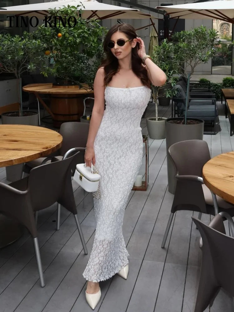 Elegant Lace Bow Sling Women Long Dresses Sleeveless Backless Sexy Slim Party Dress 2024 Summer Fashion Lady Beach Wedding Robe