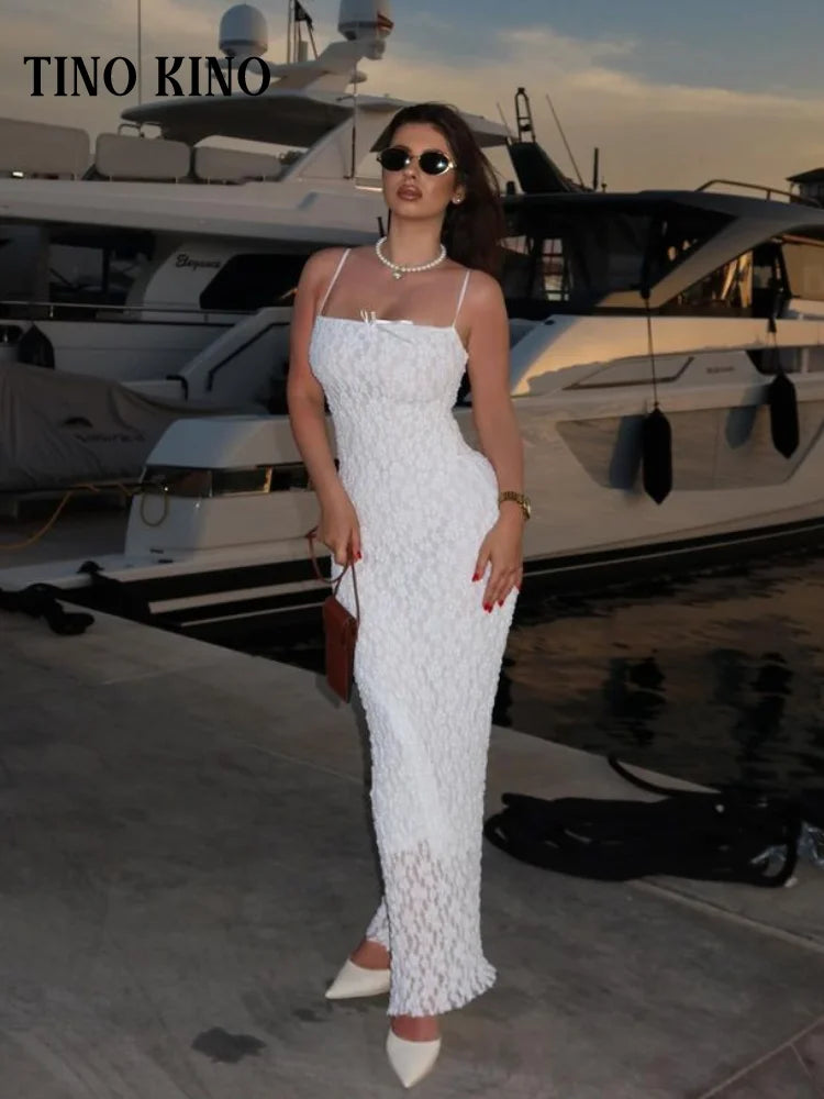 Elegant Lace Bow Sling Women Long Dresses Sleeveless Backless Sexy Slim Party Dress 2024 Summer Fashion Lady Beach Wedding Robe