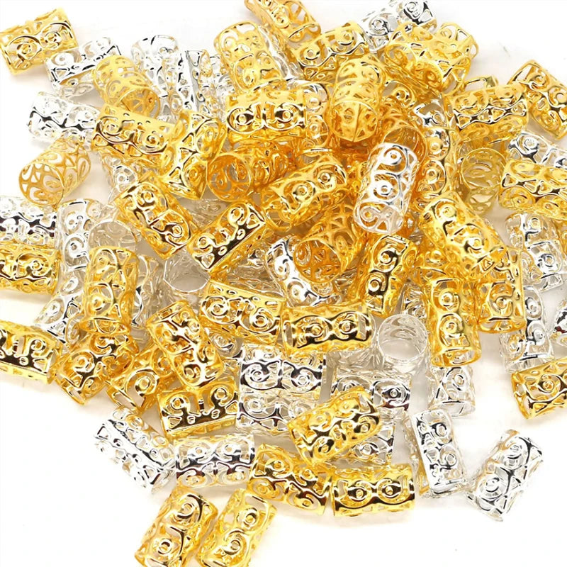 50Pcs/Pack Metal Golden/Silver Dread Hair Cuffs 10mm Big Hole Adjustable Hair Clips Micro Hair Beads Rings for Women