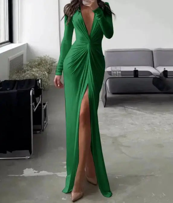 Elegant and Pretty Women's Dress 2025 V-Neck Long Sleeve Solid Slim Pleated Dress Pleated Slit Long Sleeve Date Party Dress