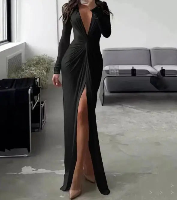 Elegant and Pretty Women's Dress 2025 V-Neck Long Sleeve Solid Slim Pleated Dress Pleated Slit Long Sleeve Date Party Dress