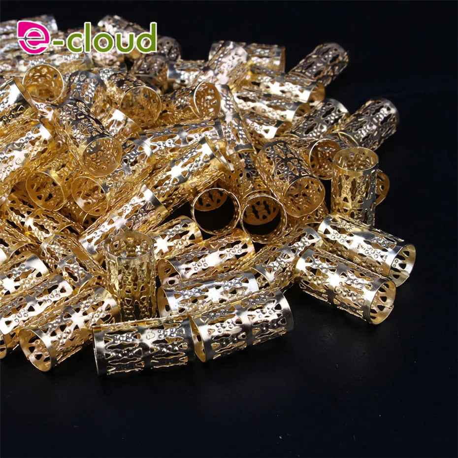 50Pcs/Pack Metal Golden/Silver Dread Hair Cuffs 10mm Big Hole Adjustable Hair Clips Micro Hair Beads Rings for Women