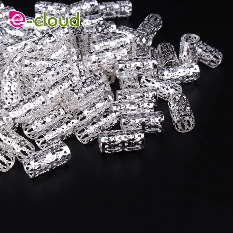 50Pcs/Pack Metal Golden/Silver Dread Hair Cuffs 10mm Big Hole Adjustable Hair Clips Micro Hair Beads Rings for Women