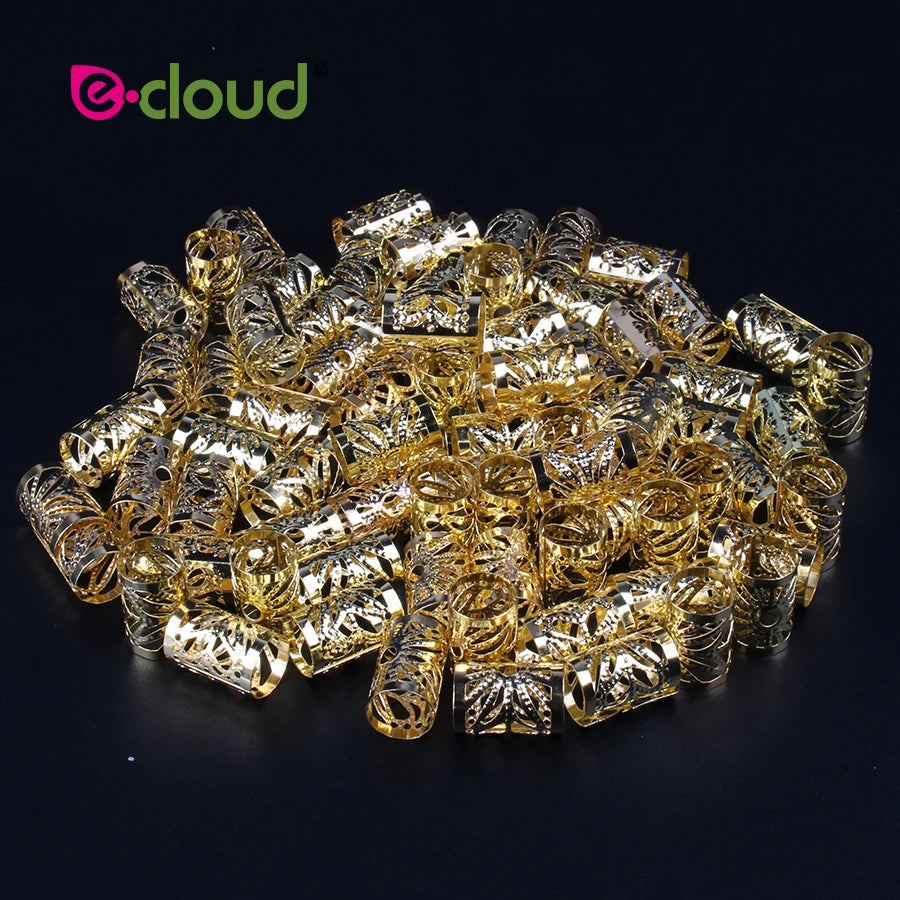 50Pcs/Pack Metal Golden/Silver Dread Hair Cuffs 10mm Big Hole Adjustable Hair Clips Micro Hair Beads Rings for Women