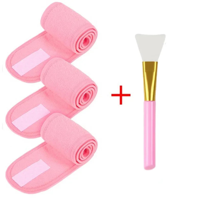 3pcs Adjustable Facial Headband with 1pc Mask Brush Yoga Spa Bath Shower Makeup Wash Face Cosmetic Head Band Make Up Accessories