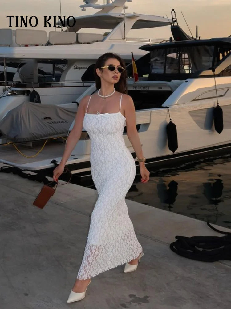 Elegant Lace Bow Sling Women Long Dresses Sleeveless Backless Sexy Slim Party Dress 2024 Summer Fashion Lady Beach Wedding Robe