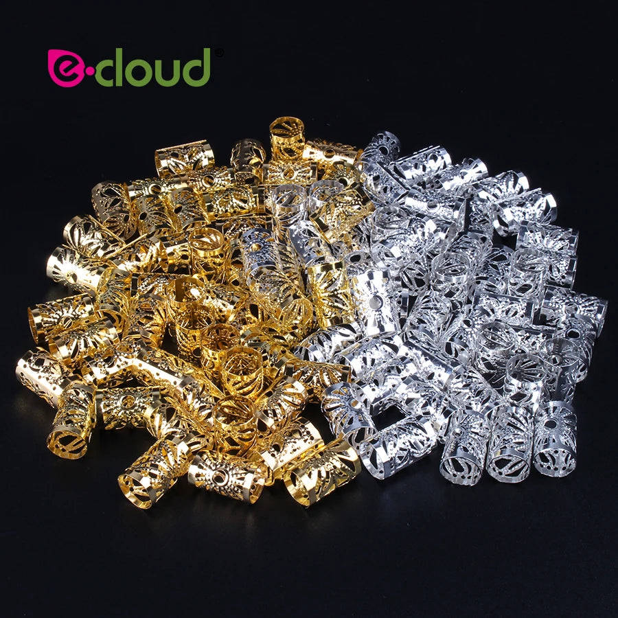 50Pcs/Pack Metal Golden/Silver Dread Hair Cuffs 10mm Big Hole Adjustable Hair Clips Micro Hair Beads Rings for Women